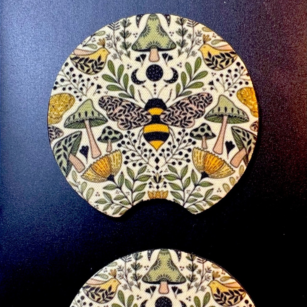 Honey Bee Mushrooms Car Cup Holders Coasters Set Of 2  New